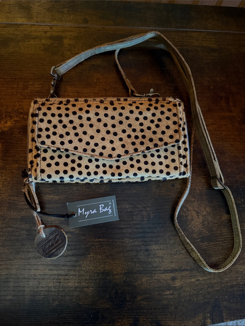 Myra Bag Polka Dot Tan & Black Igneous Crossbody Wallet NWT